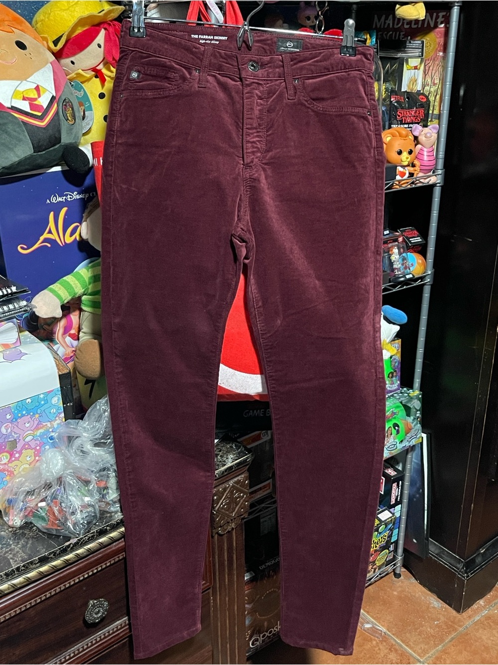 AG Adriano Goldschmied The Farrah Skinny High-Rise Velvet Pants 27R Burgundy